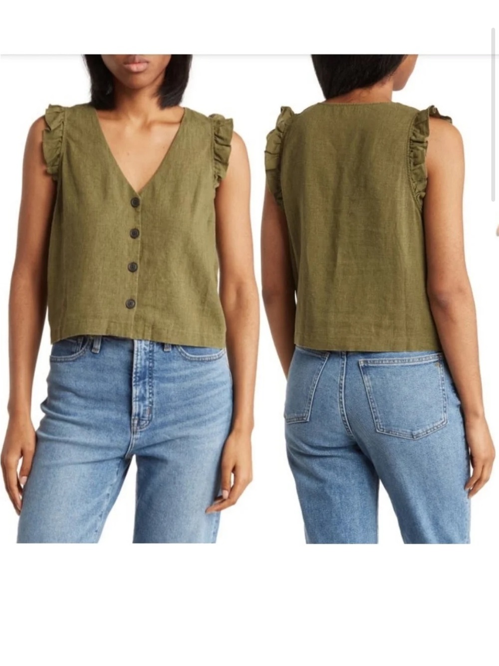 Madewell linen blend Ruffle Button-Front Top, Mustard color
